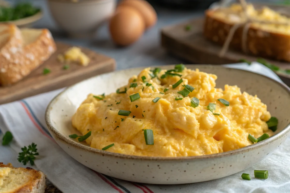 A close-up of scrambled eggs, showing a perfect, non-watery texture while also including the key phrase "why do my eggs come out watery.