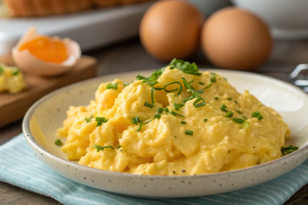 A close-up of scrambled eggs, showing a non-watery, desirable texture with the key phrase "why do my eggs come out watery.