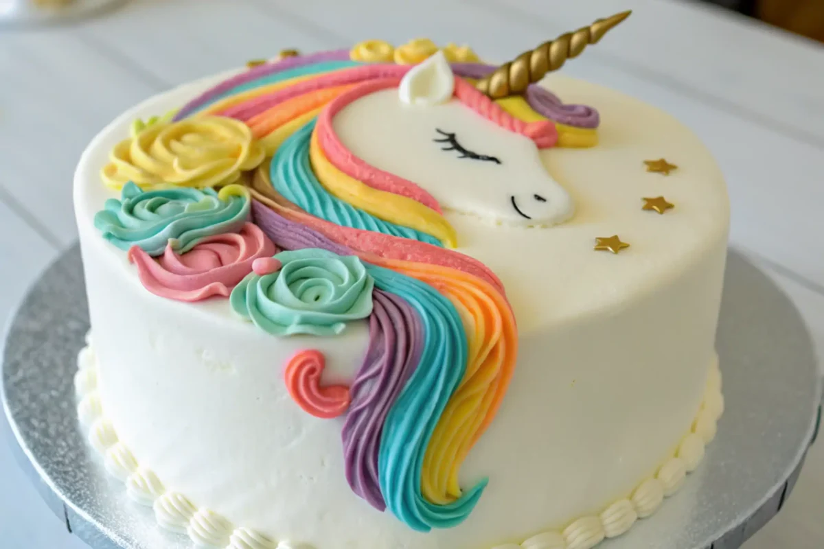 Finished unicorn cake with a colorful mane.