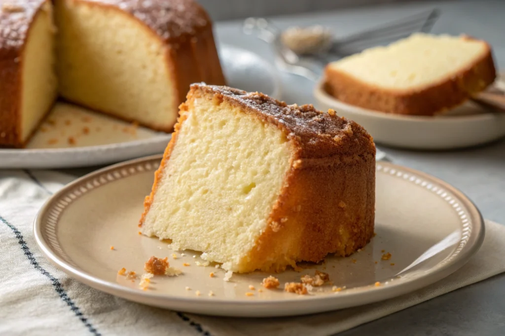 A close up of a moist pound cake slice.