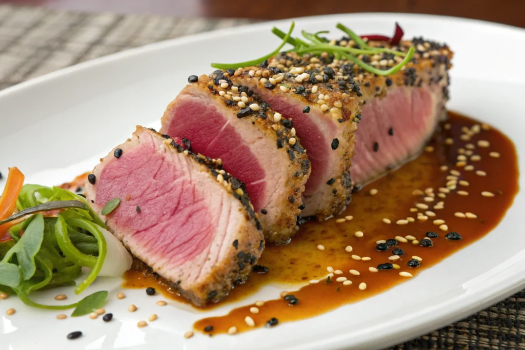 Ahi tuna recipe - seared to perfection on a plate.