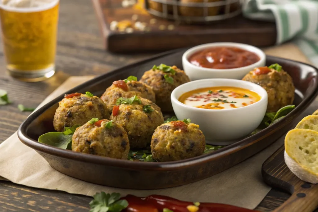 Platter of Buzzard Billy's Armadillo Eggs with dipping sauces.