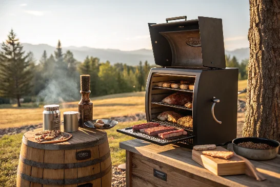 A pellet smoker in a rustic setting with smoked meat being prepared.