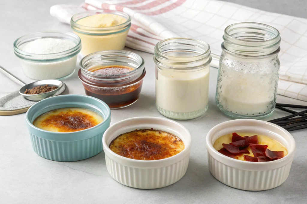 Various alternatives for baking crème brûlée and ramekin substitutes displayed.