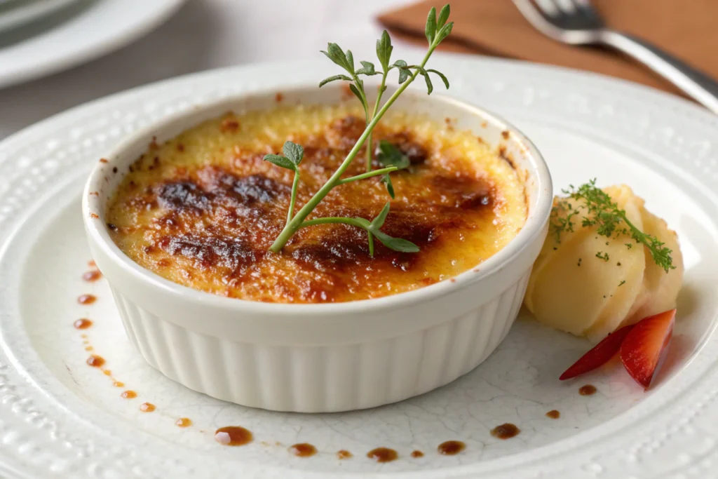 Delicious crab brulee with a golden top.