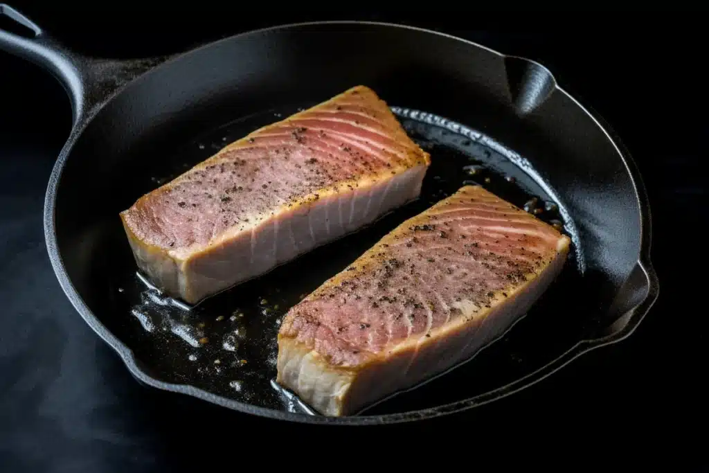 Fresh seared tuna in cast iron