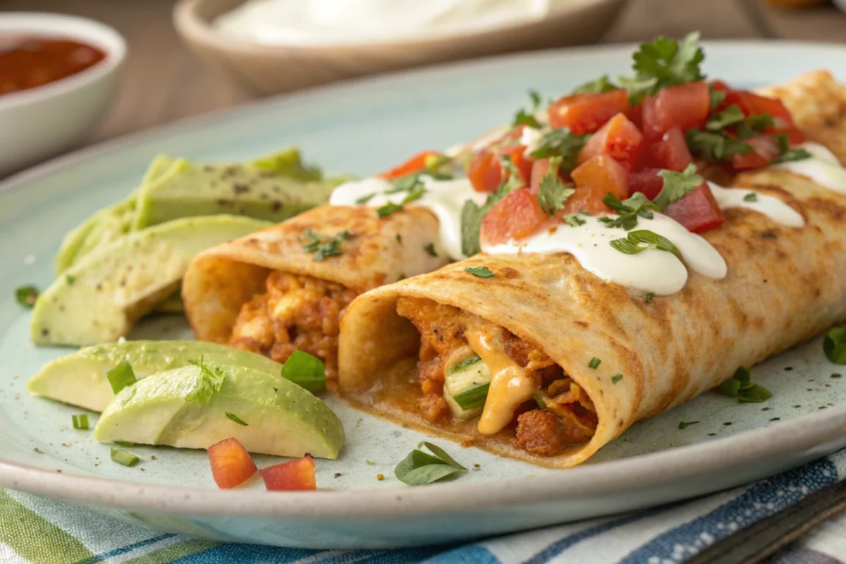 Close-up of freshly baked enchiladas with melted cheese, fresh cilantro, and sauce on a colorful plate.