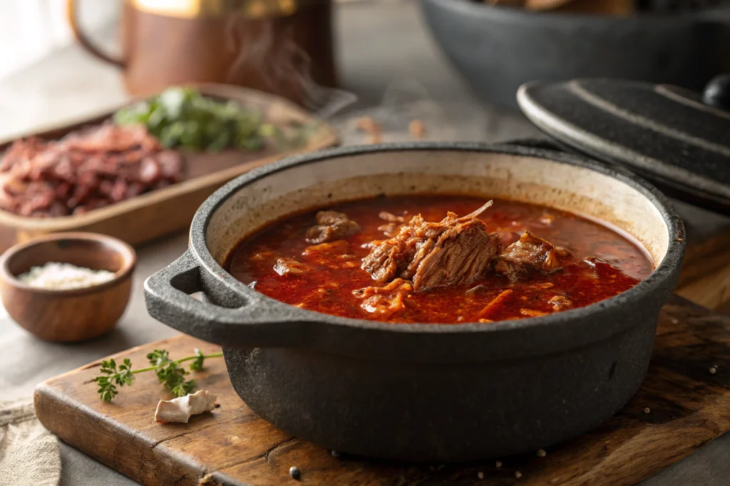 Birria simmering for birria taco soup.