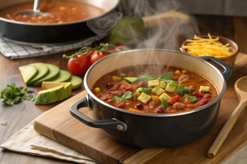 A pot of taco soup simmering on a stovetop for the taco soup frios recipe.