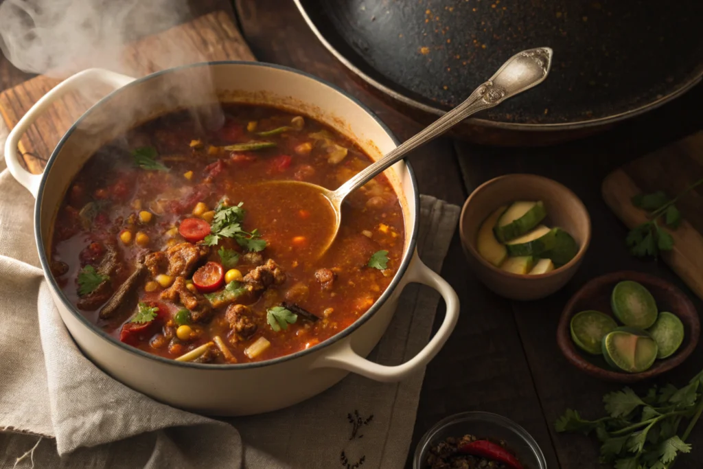 A pot of simmering taco soup being thickened.