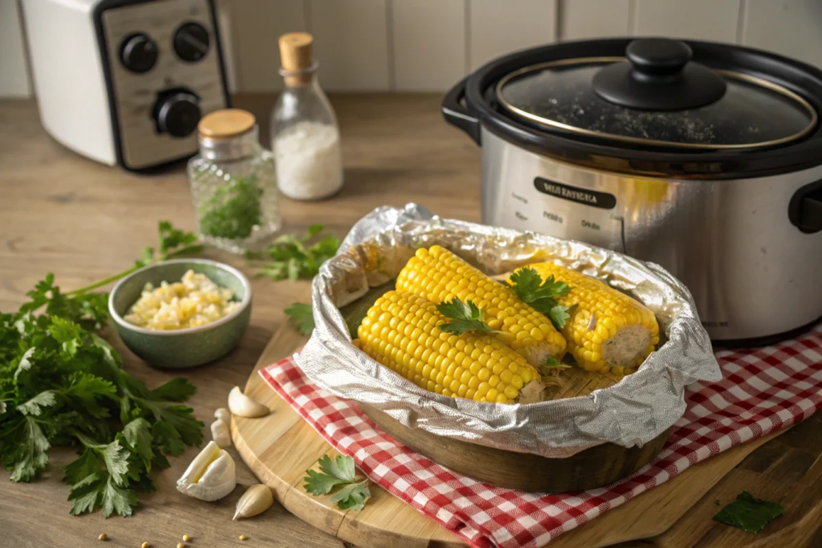 Slow-cooked corn on the cob in a crockpot with melted butter and fresh herbs on a rustic kitchen countertop.