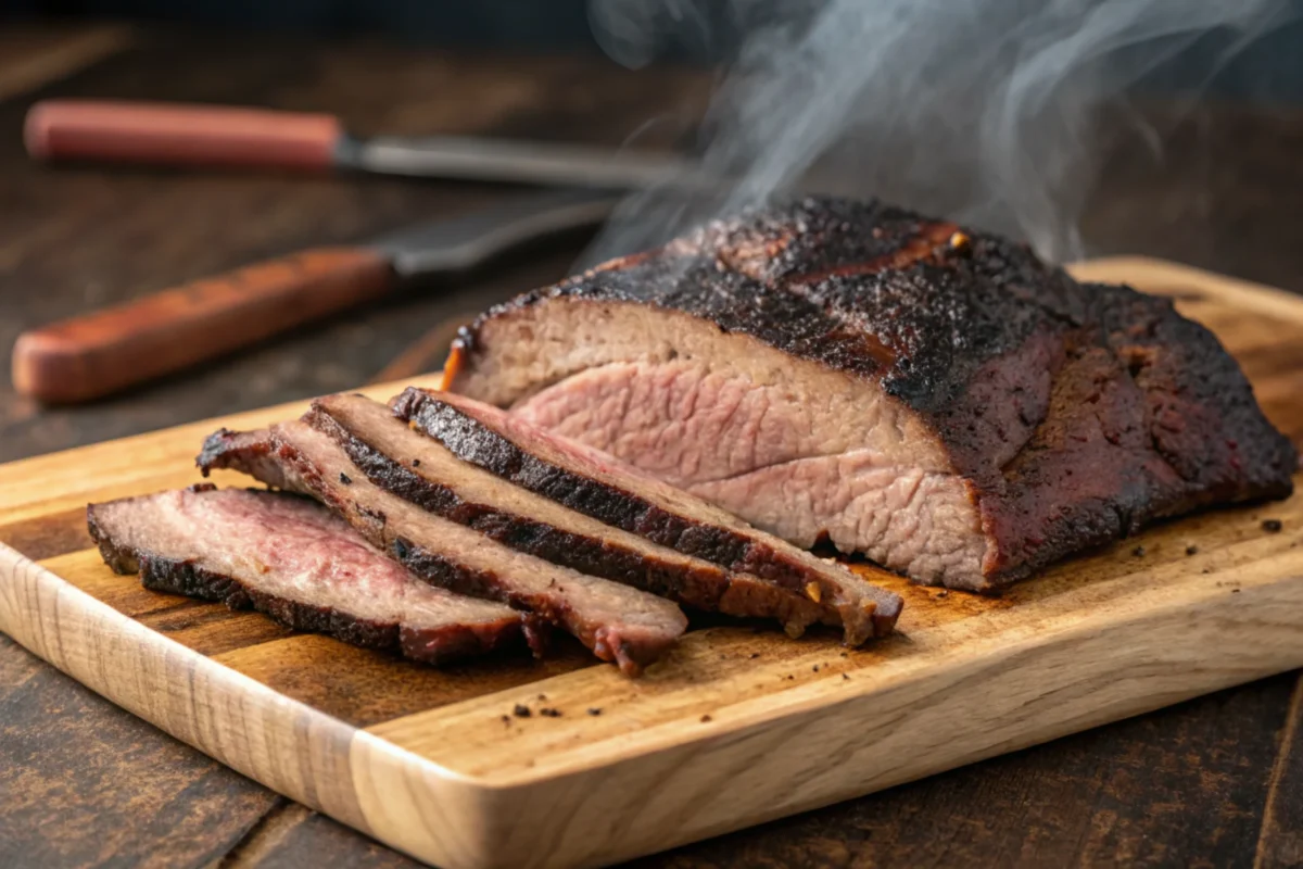 Naturally smoked brisket on a wooden cutting board.