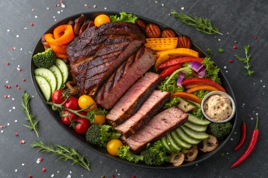 A platter of smoked meat with vegetables, a balanced meal.