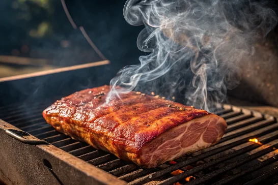 Close up of smoked meat on a grill with smoke swirling.