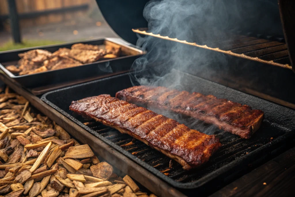 A close-up shot of ribs being cooked in a food smoker.