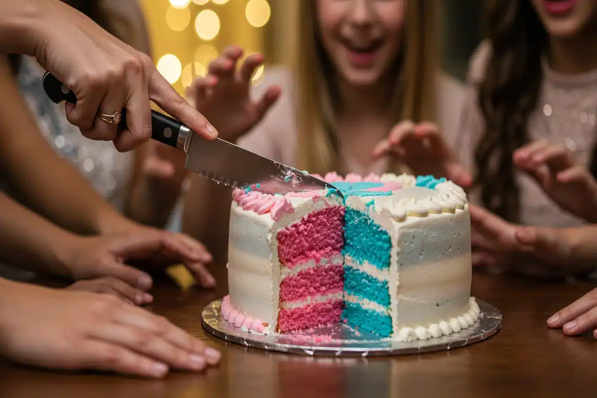 A beautifully decorated gender reveal cake being cut to reveal a pink interior, illustrating how to do a cake gender reveal for a baby girl