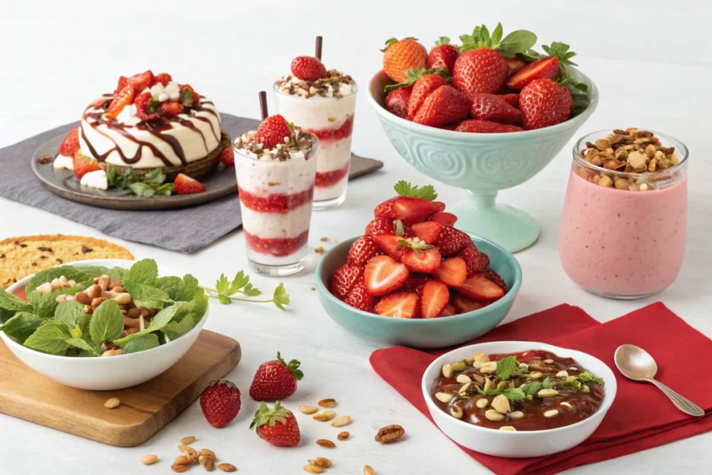 A vibrant image of fresh strawberries surrounded by various classic and creative toppings, illustrating their versatility