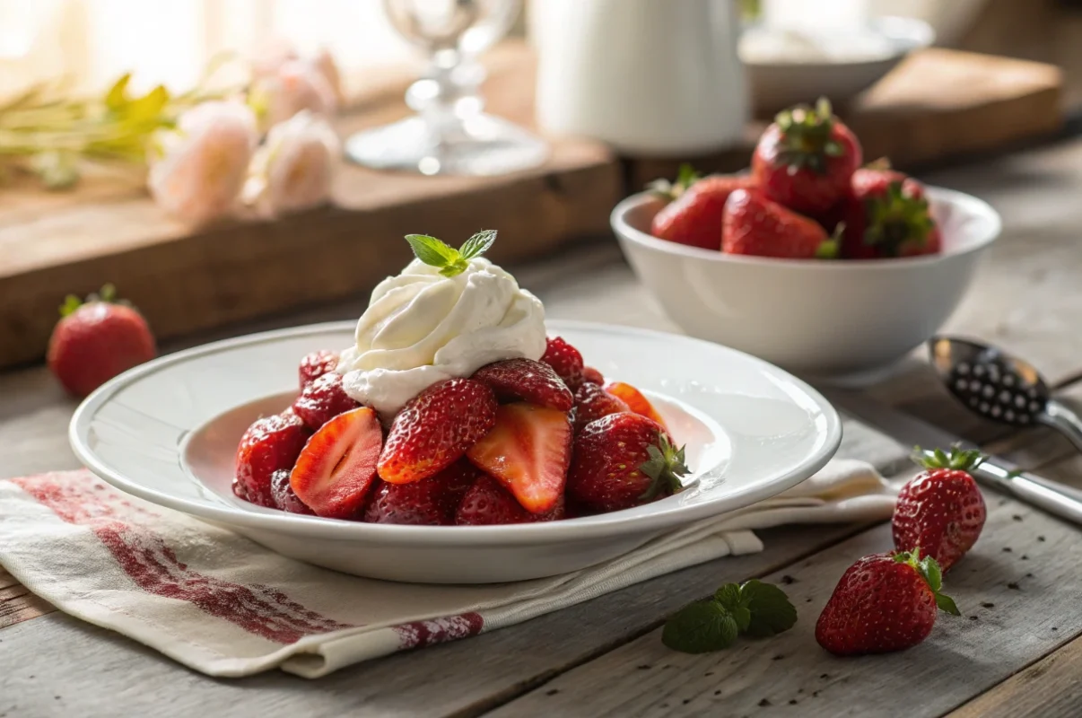 A plate of fresh strawberries with a dollop of cream, showcasing their vibrant colors and natural texture.