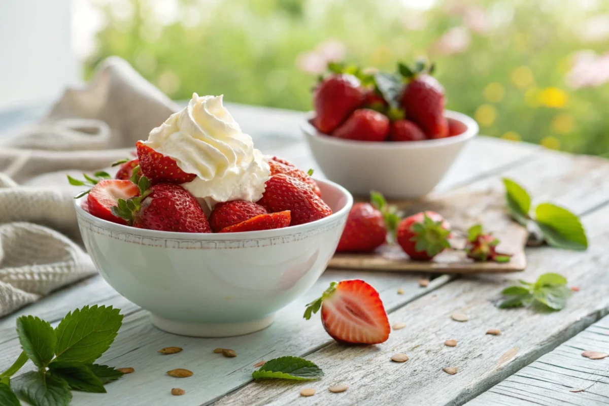 Close-up of strawberries and cream in a bowl on a wooden table, featuring fresh strawberries topped with whipped cream and a summer garden backdrop.