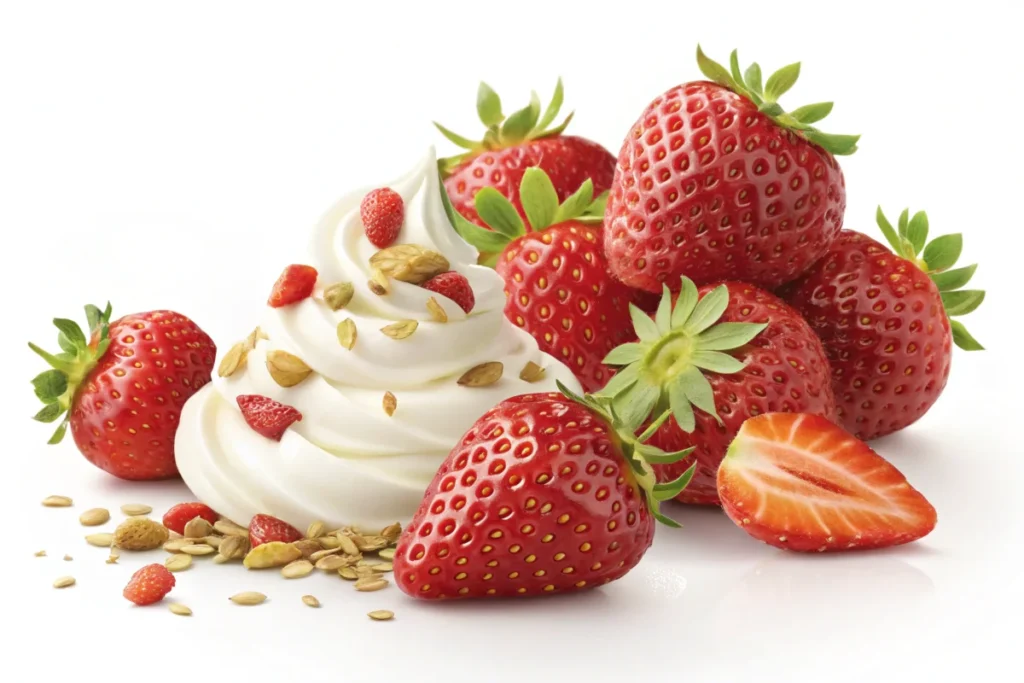 A close-up image of strawberries and cream, highlighting fresh strawberries and a smaller portion of rich cream, symbolizing the balance between indulgence and health