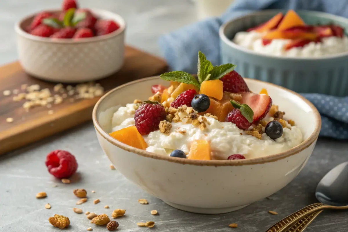 How to make cottage cheese taste good sweet, featuring a bowl of sweetened cottage cheese.