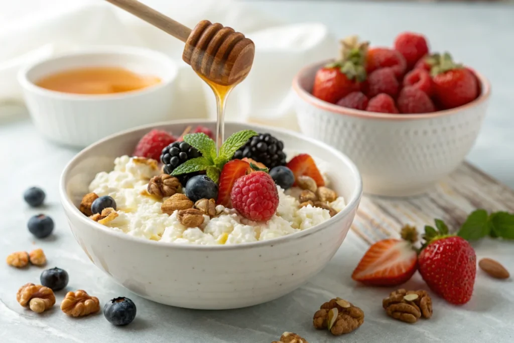 How to make cottage cheese taste good sweet - Cottage cheese with honey, berries, and nuts.