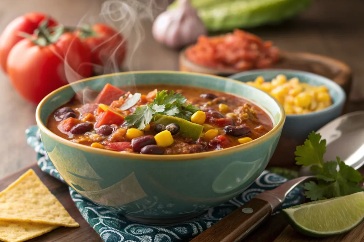 A bowl of taco soup with a focus on the ingredients that contribute to its carbohydrate content.