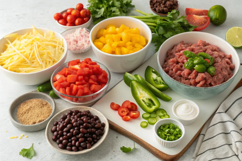 Ingredients for making taco soup frios on a kitchen counter.