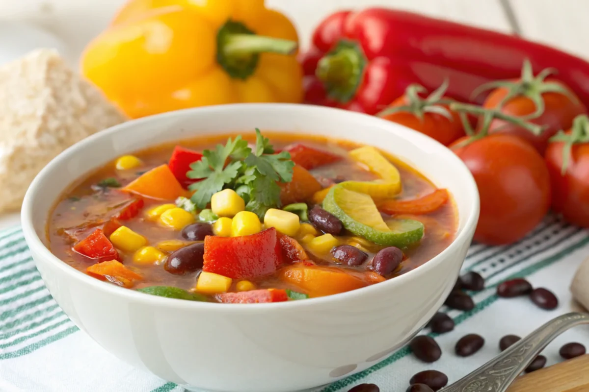 A bowl of taco soup frios ready to be served.