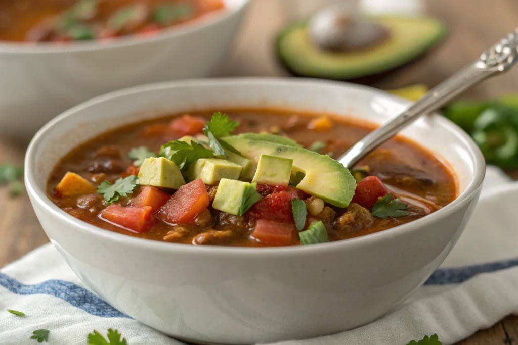 A close-up of taco soup stored in the refrigerator.