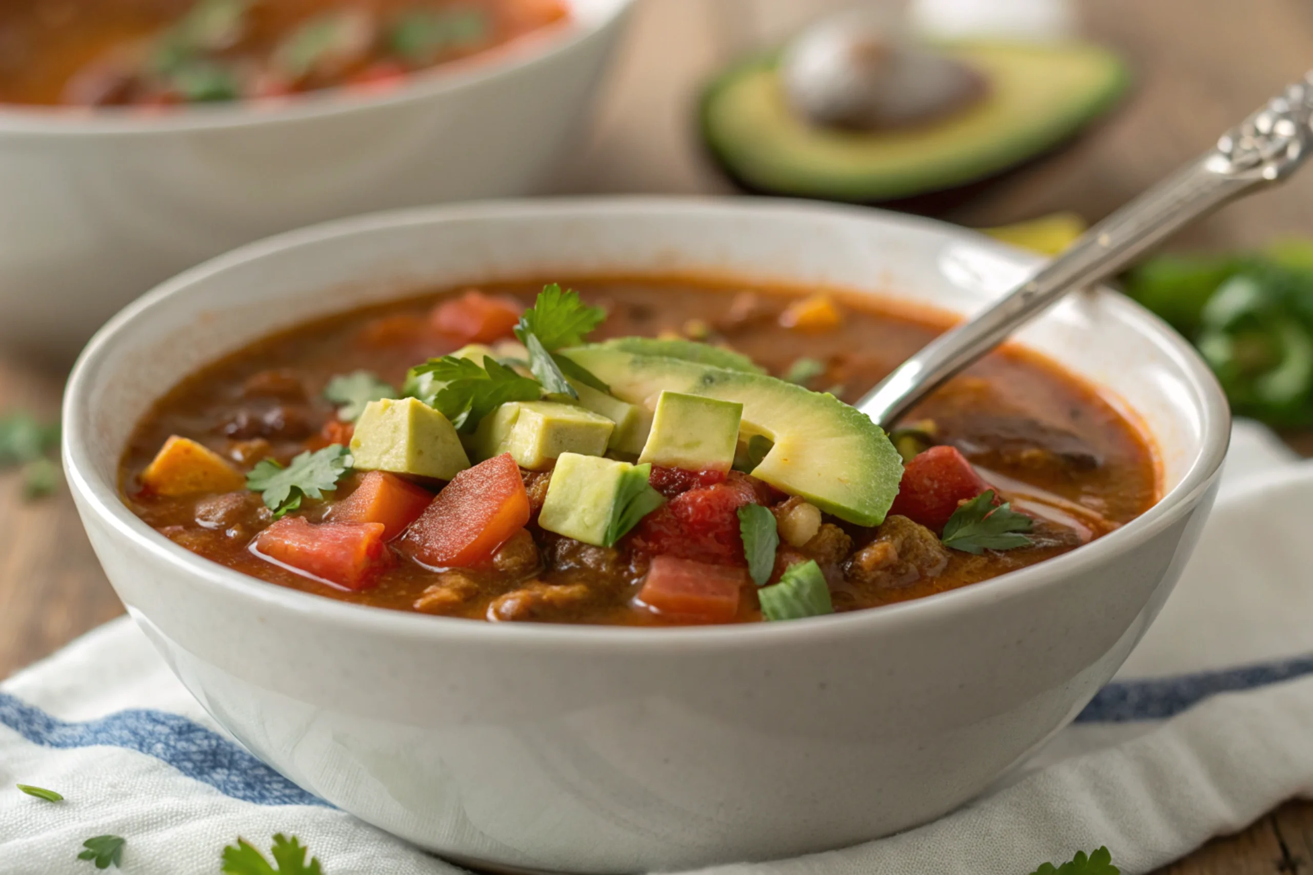 A close-up of taco soup stored in the refrigerator.