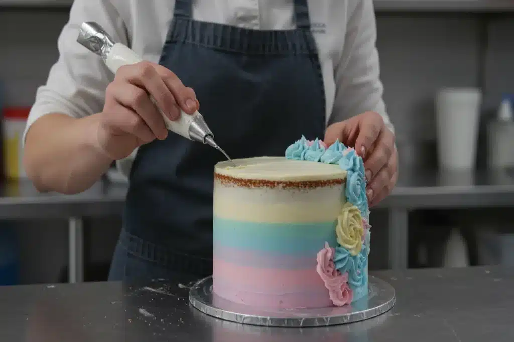 how to do a cake gender reveal: A baker carefully frosting a cake, showing the expertise needed for how to do a cake gender reveal with a perfectly hidden surprise.