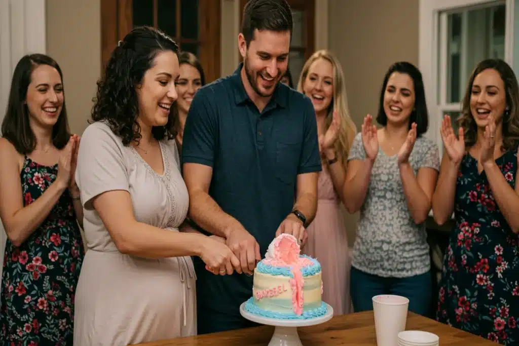 Expectant parents cutting into a gender reveal cake with pink frosting, showcasing the joyful moment of how to do a cake gender reveal