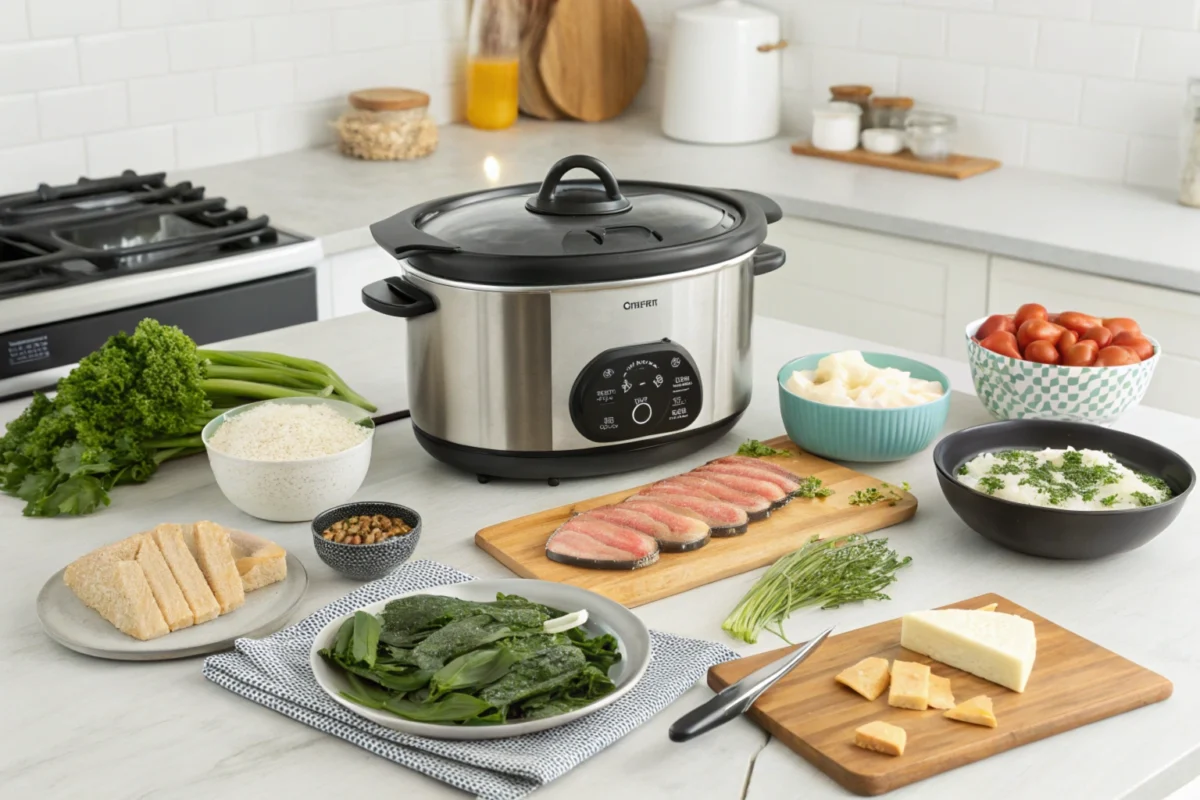 Kitchen counter with a slow cooker surrounded by uncooked foods unsuitable for slow cooking, including leafy greens, seafood, and dairy products, alongside alternative cooking tools like a skillet and grilling utensils.