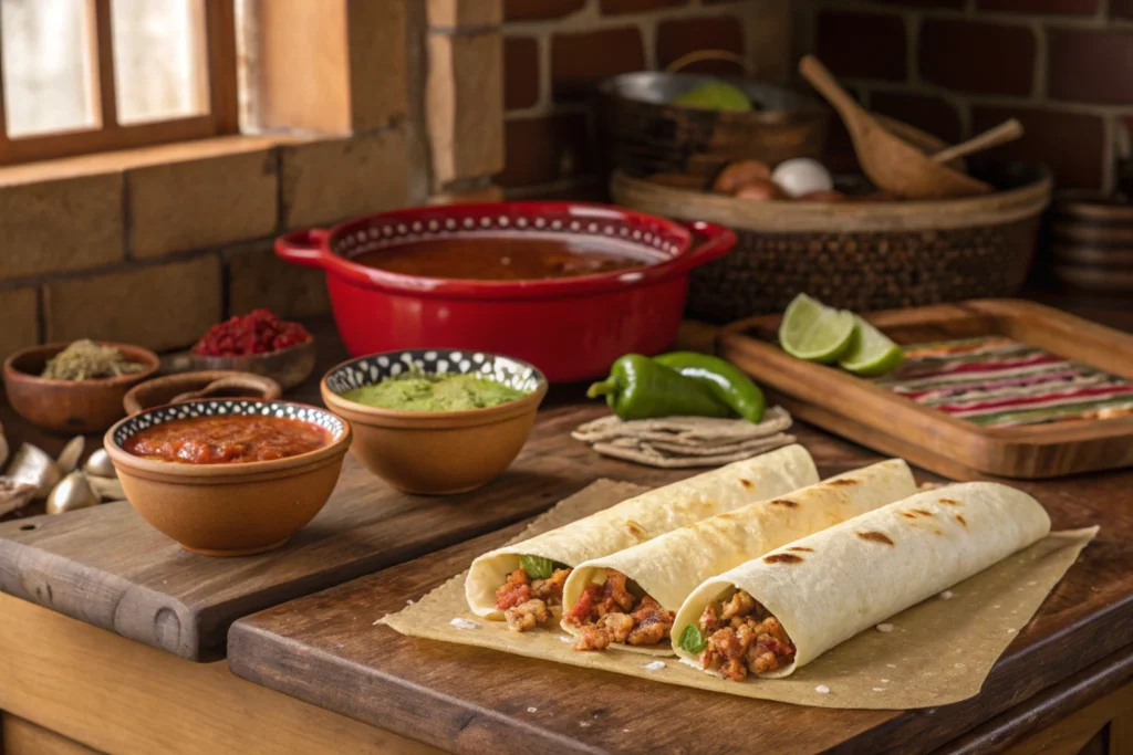 Traditional Mexican kitchen setting with ingredients for making divorced enchiladas, including tortillas, fillings, and two separate sauces.