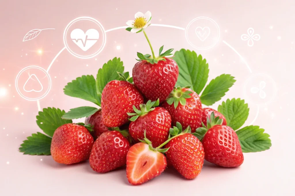 benefits of Strawberries and Cream : A vibrant display of fresh strawberries on a wooden table, emphasizing the nutritional benefits of strawberries, including high vitamin C content, antioxidants, and dietary fiber, making them a healthy and refreshing snack