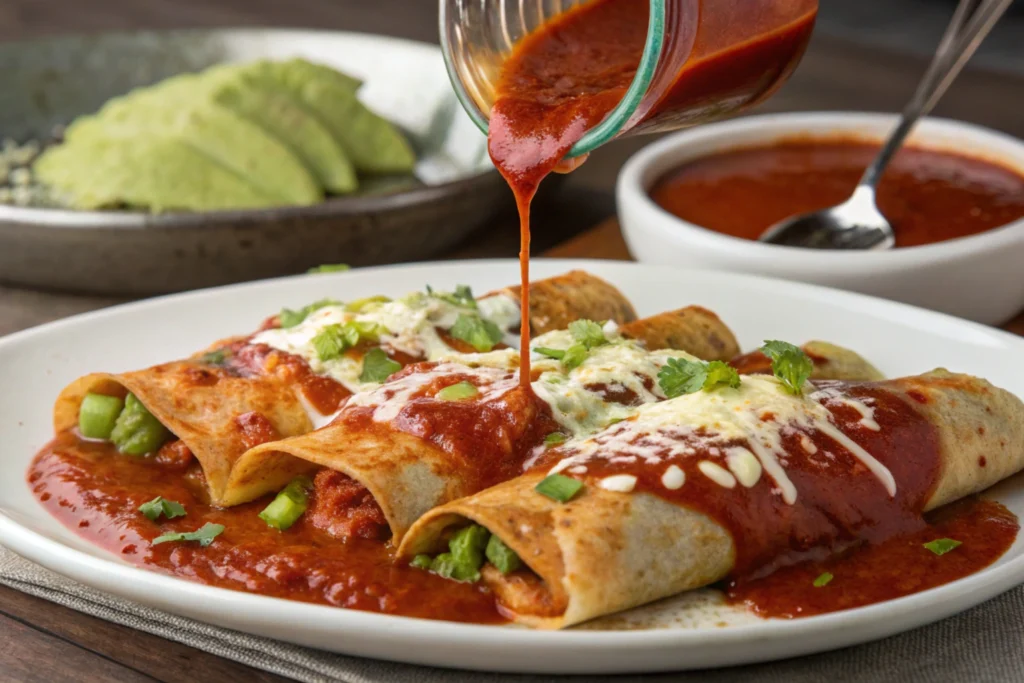 Enchiladas with rich sauces being poured over, highlighting the unhealthy fat and calorie content from the sauces.