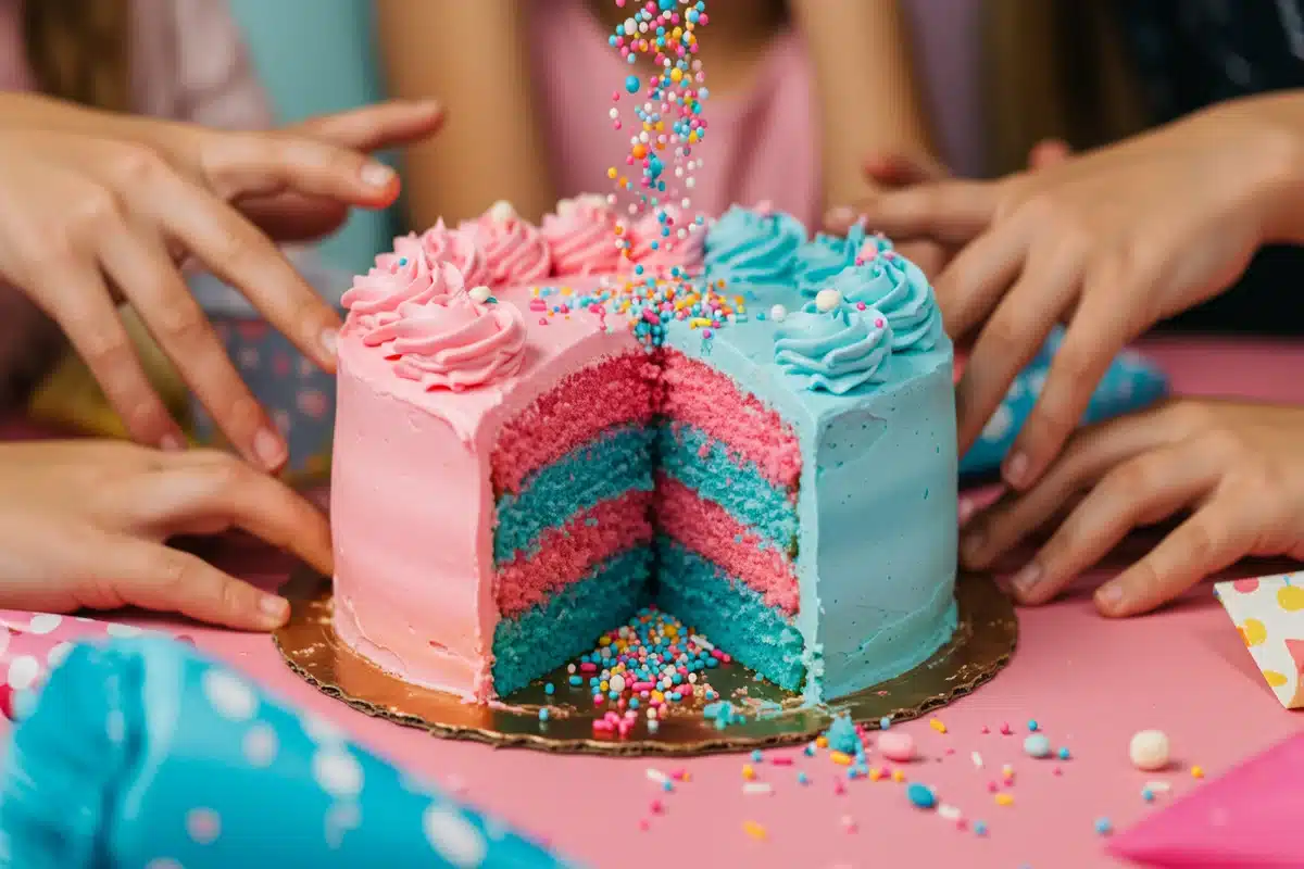 A vibrant Fun Gender Reveal Cake being sliced open to reveal a cascade of colorful sprinkles, capturing the joy of the celebration