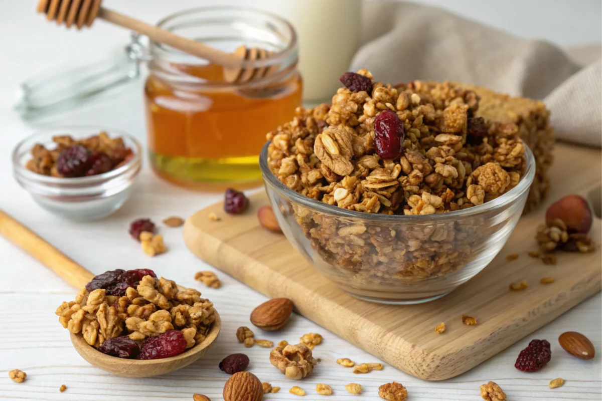 A close-up of homemade granola with large clusters, featuring oats, nuts, honey, dried fruit, and a sprinkle of cocoa powder, highlighting its natural and wholesome texture.