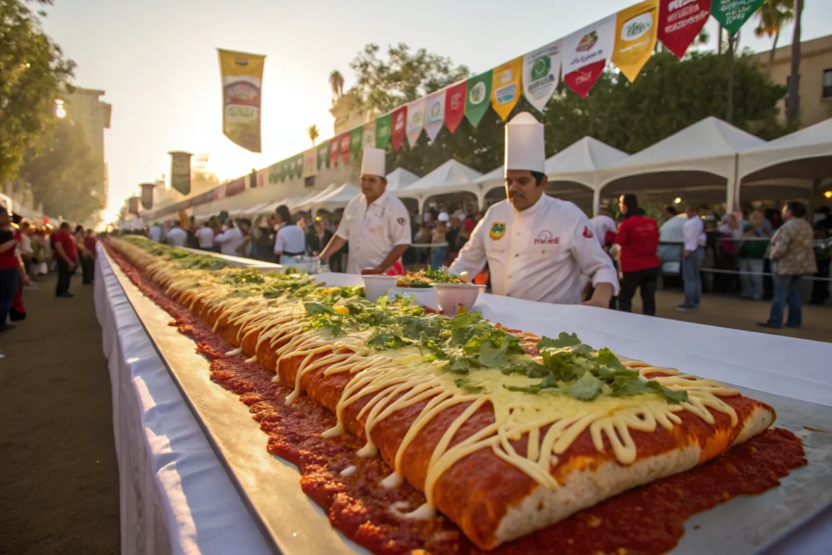 An enormous enchilada garnished with cheese and sauce on a long table, surrounded by chefs, colorful decorations, and a lively festival crowd.