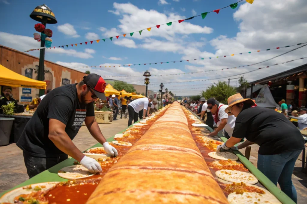 The World's Largest Enchilada being assembled, a collaborative effort at a food festival