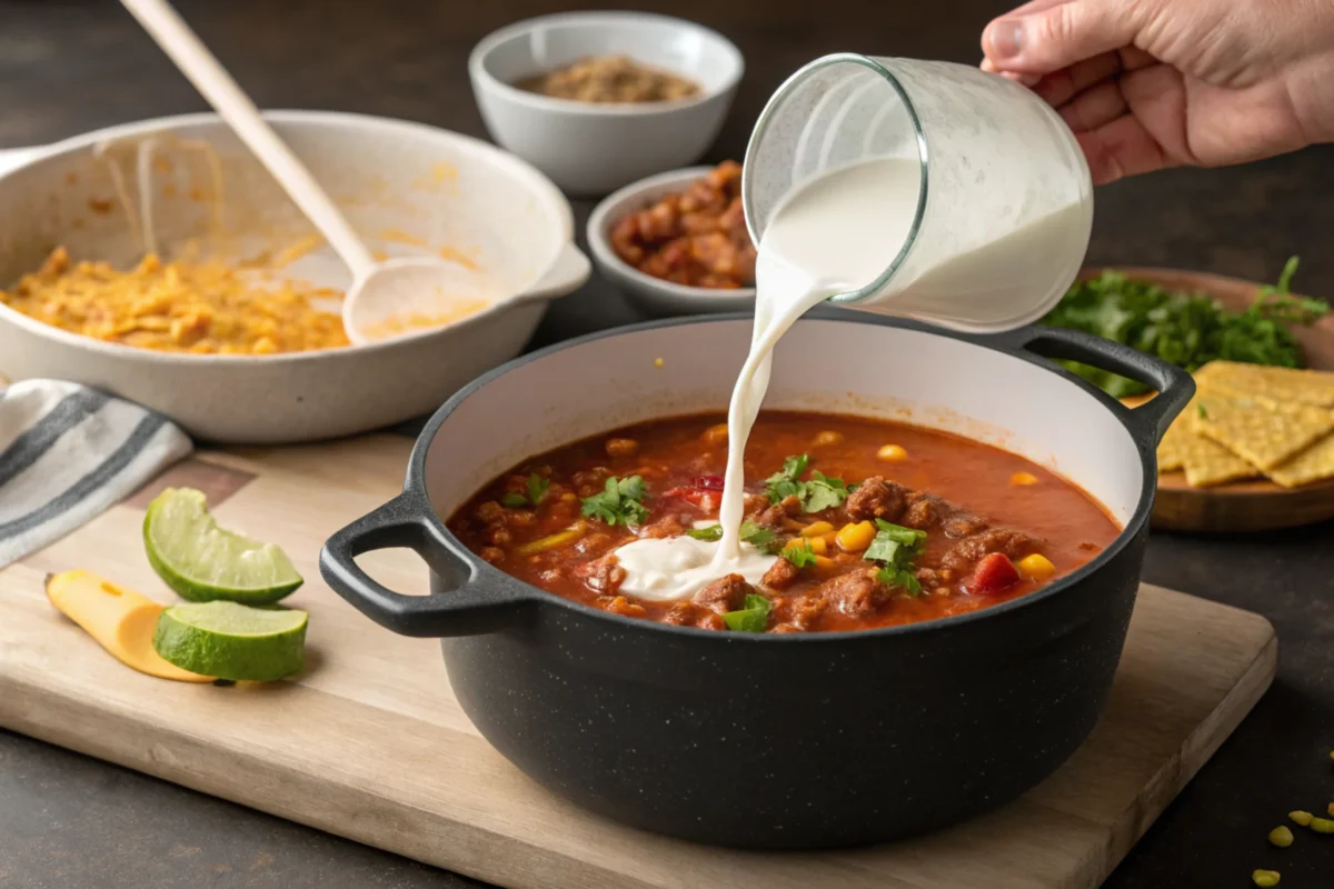 A pot of taco soup being thickened with cornstarch slurry.