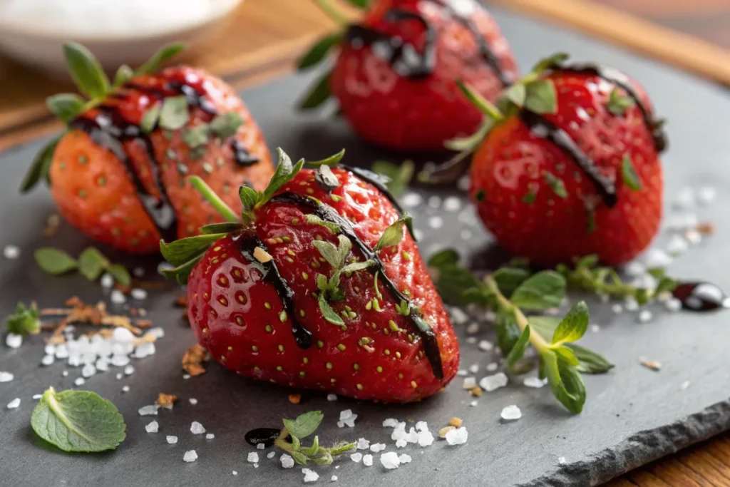 A close-up shot of fresh strawberries with a drizzle of balsamic glaze and a sprinkle of fresh mint