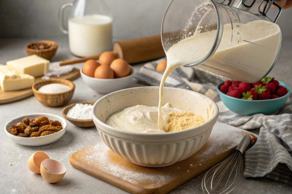 Kefir being poured into a mixing bowl for a cake recipe.