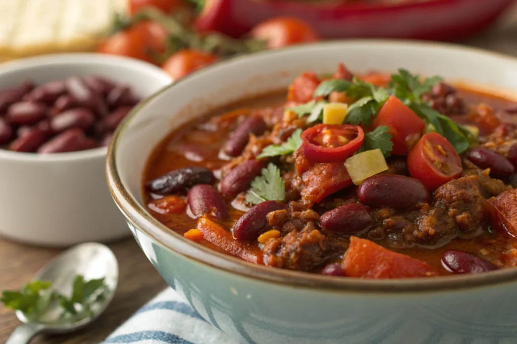 Bowl of chili highlighting what adds the most flavor to chili.