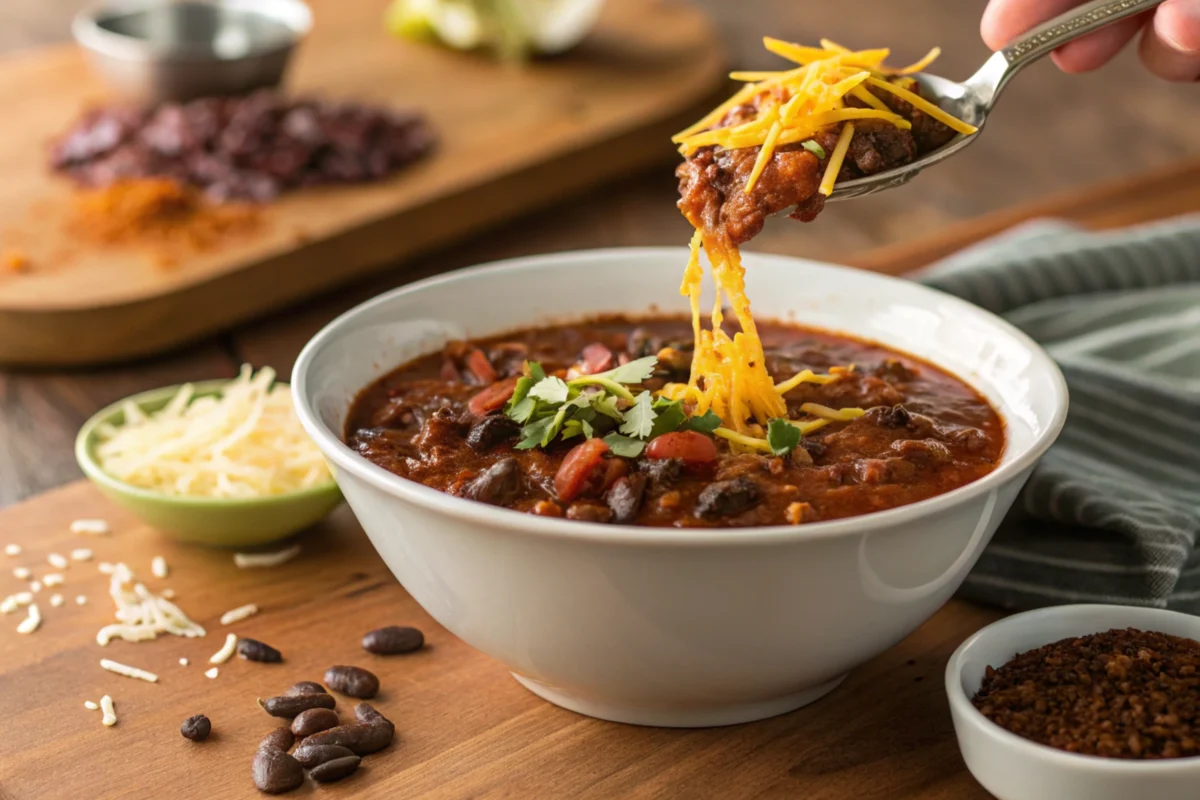 Bowl of good chili with a secret item.