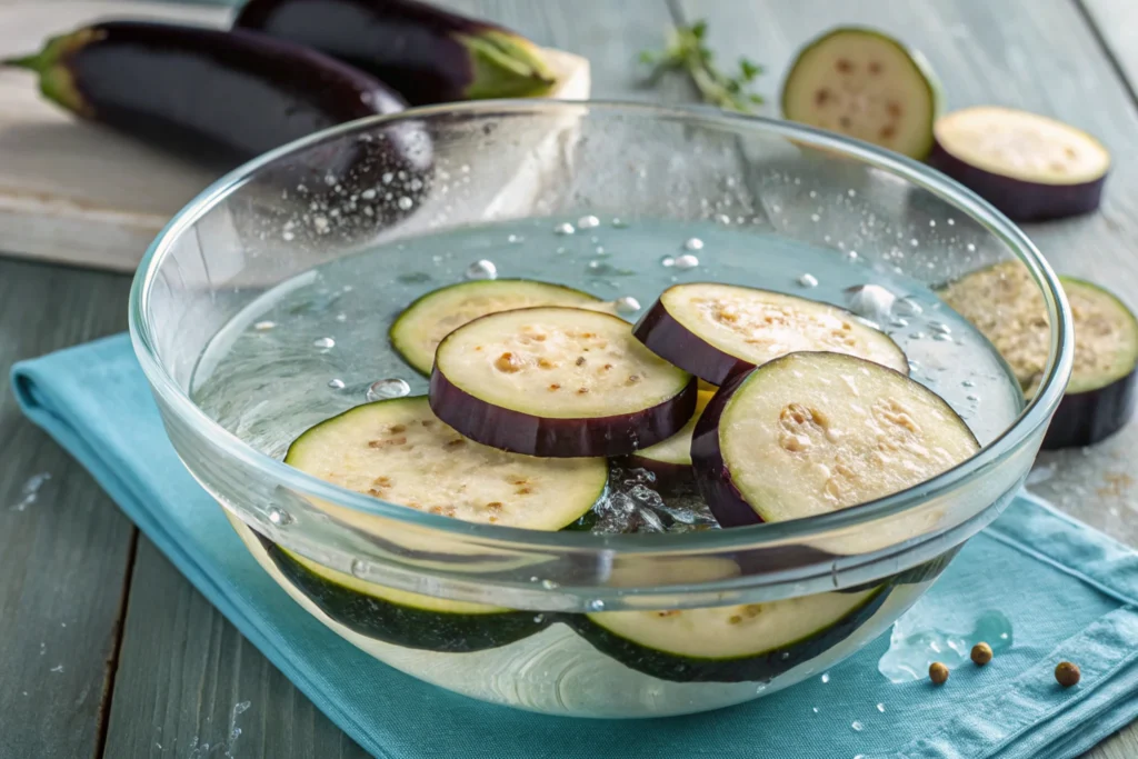 Sliced eggplant soaking in water.