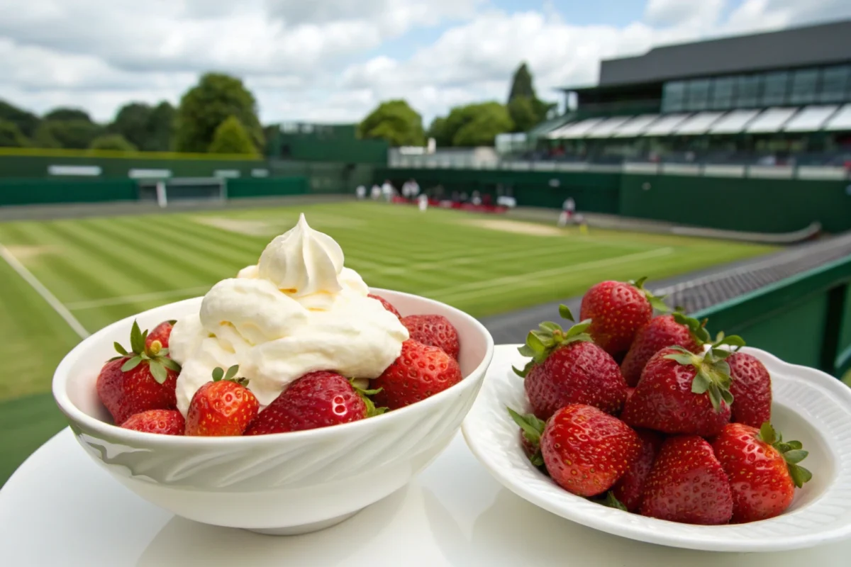 A bowl of fresh strawberries paired with cream, served at Wimbledon, with a tennis court in the background.