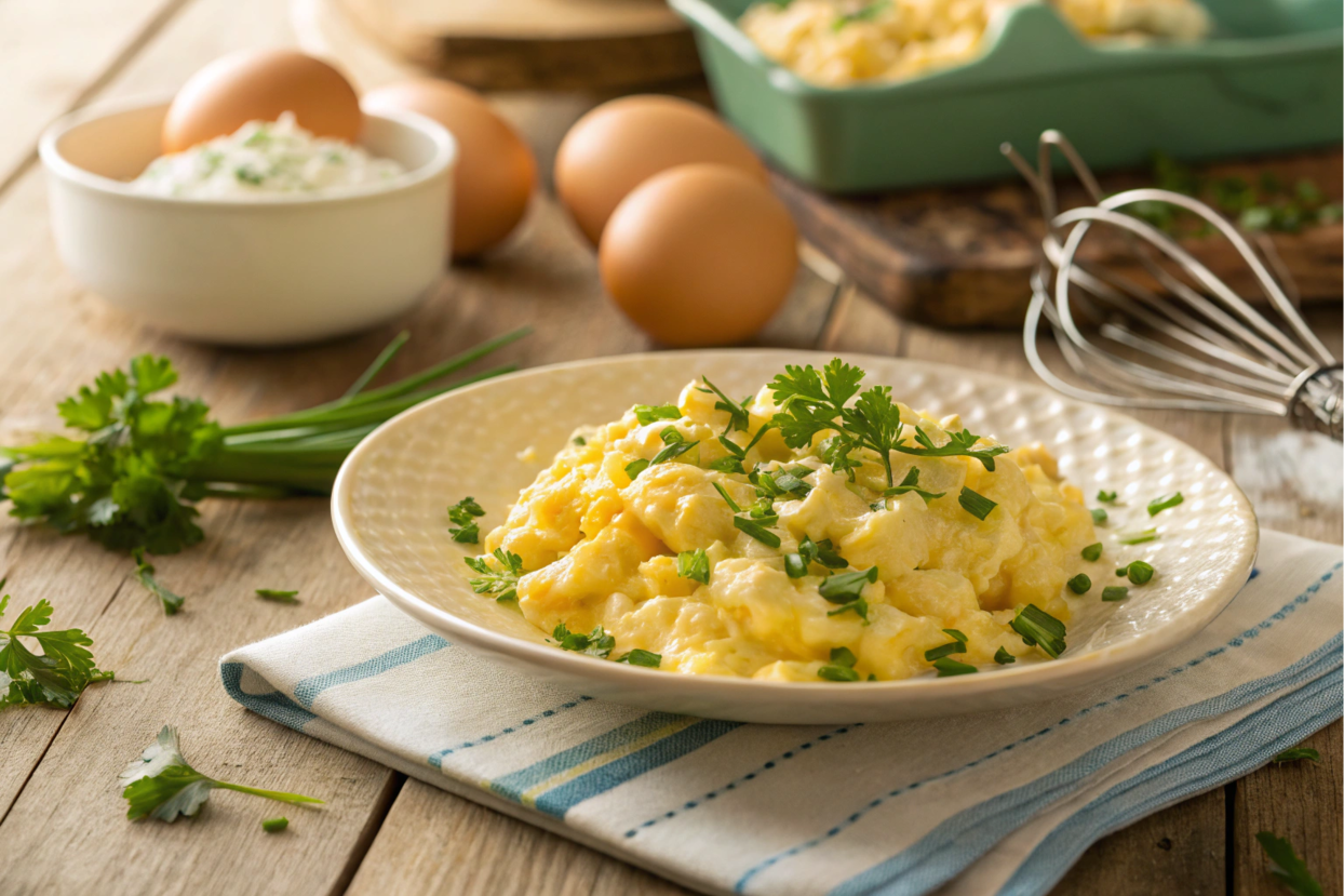 Plate of creamy scrambled eggs with cottage cheese, garnished with chives and parsley on a rustic table.