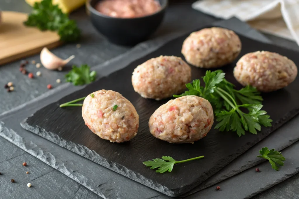 Top-down view of several armadillo eggs on a slate board